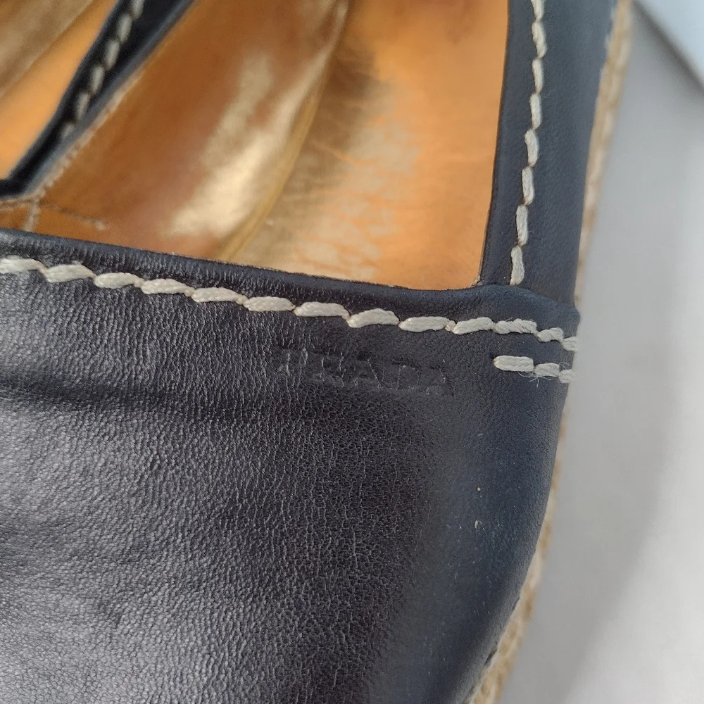 Prada Womens Platform Espadrille Flats Leather Open Toe 39 Black B2